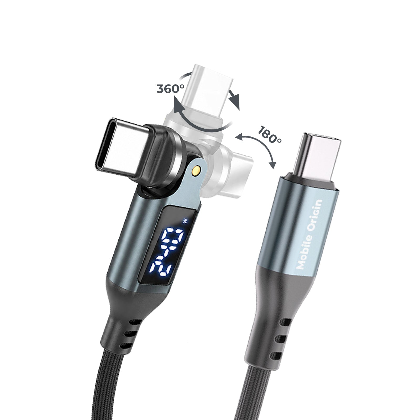 Otočný USB-C kabel s displejem 540°, 240 W, 1 m, CB16
