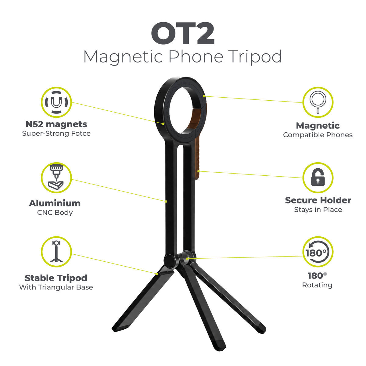Magnetický tripod na telefón OT2, Čierna