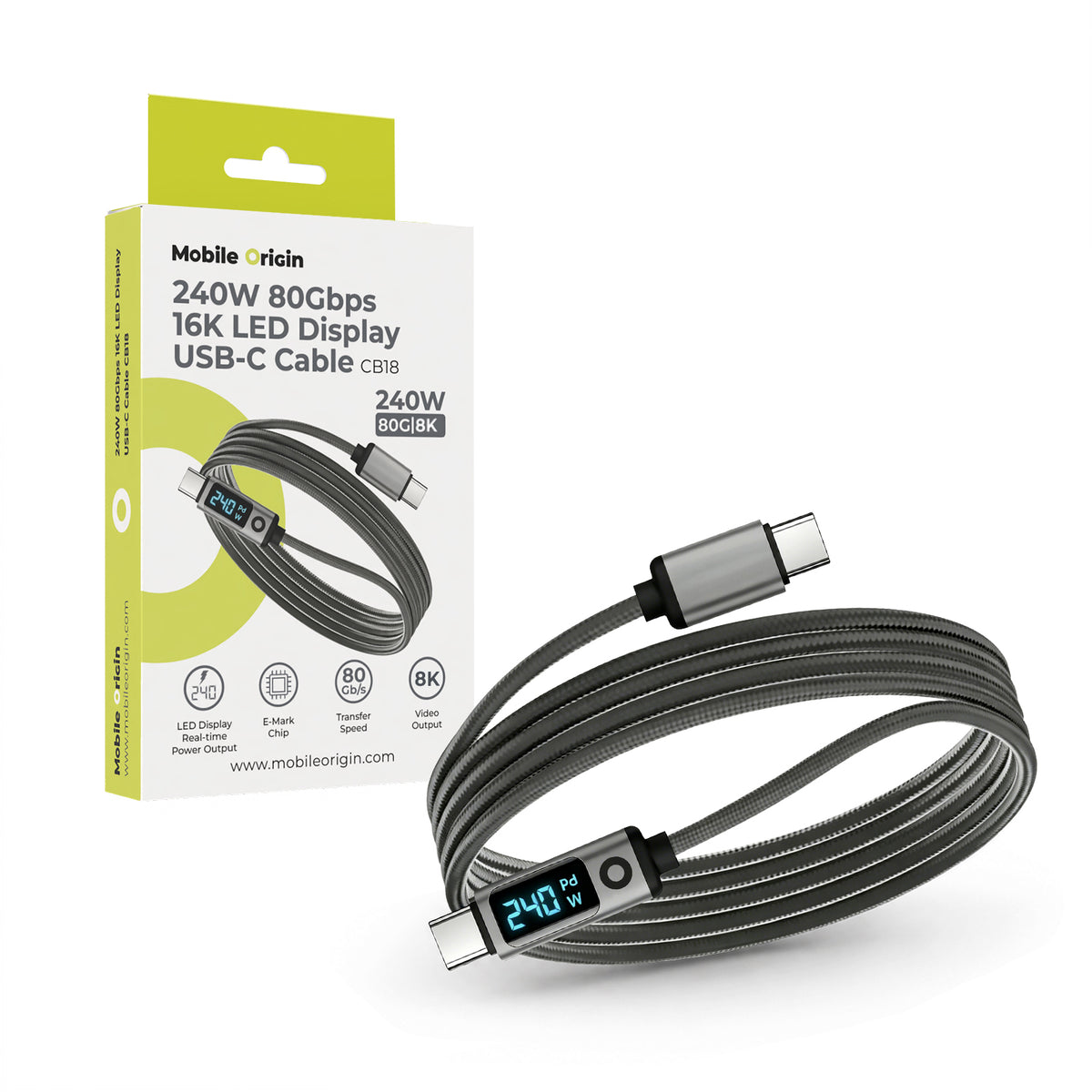 Display Cable USB-C to USB-C CB18, 240W, 80 Gb/s, 8K/60Hz, 1.5m, Space Gray