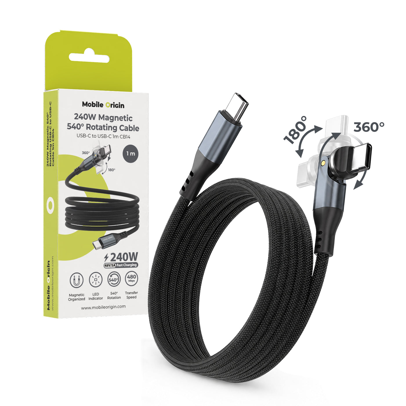 Otočný magnetický kabel 540° USB-C na USB-C CB14, 240W, 480 Mb/s, 1 m, Vesmírně šedá