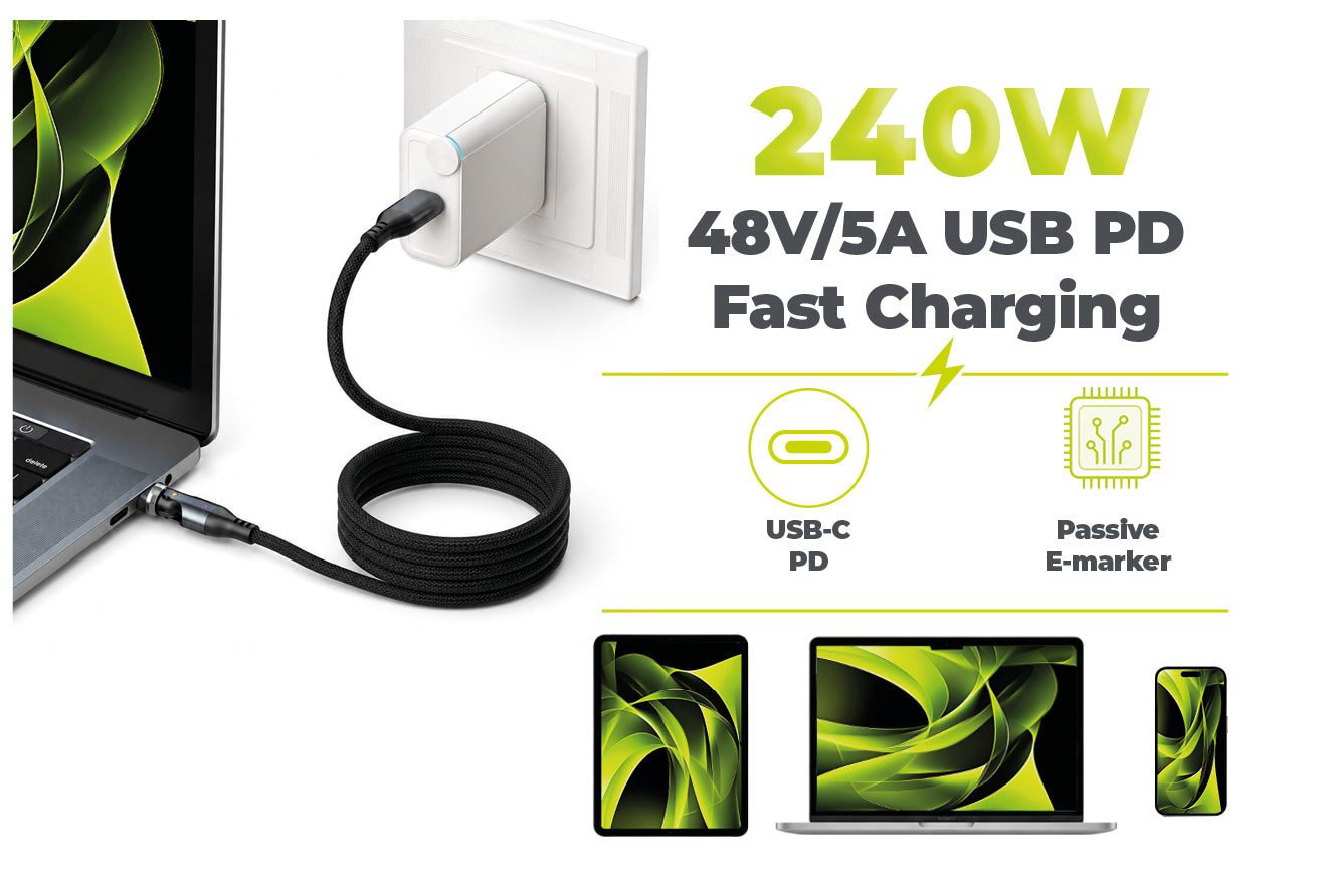 Otočný magnetický kabel 540° USB-C na USB-C CB14, 240W, 480 Mb/s, 1 m, Vesmírně šedá