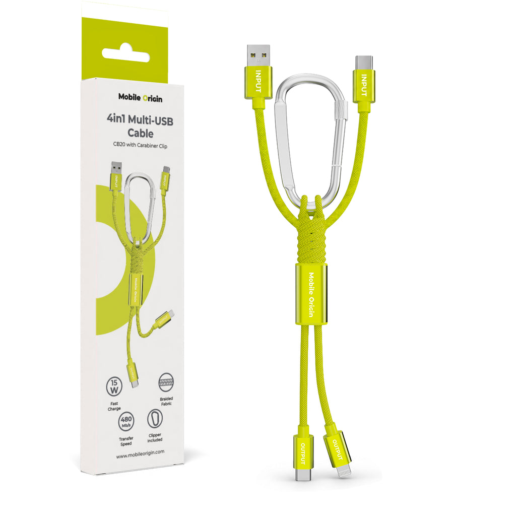 4-in-1 Cable with Carabiner USB-A/USB-C to USB-C/Lightning CB20, 15W, Green
