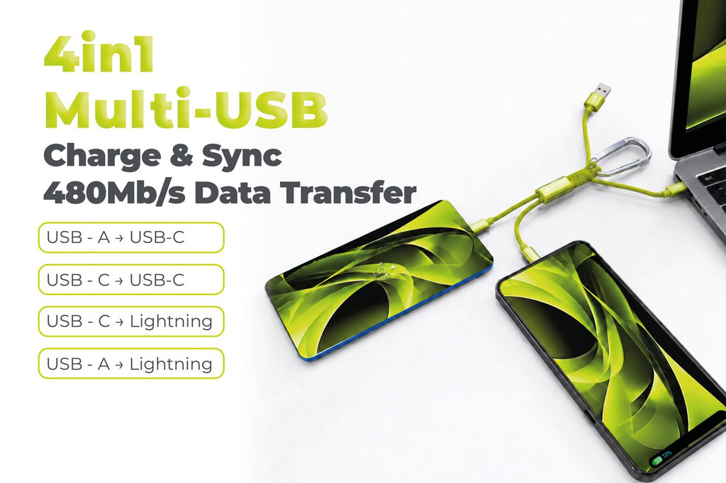 4-in-1 Cable with Carabiner USB-A/USB-C to USB-C/Lightning CB20, 15W, Green