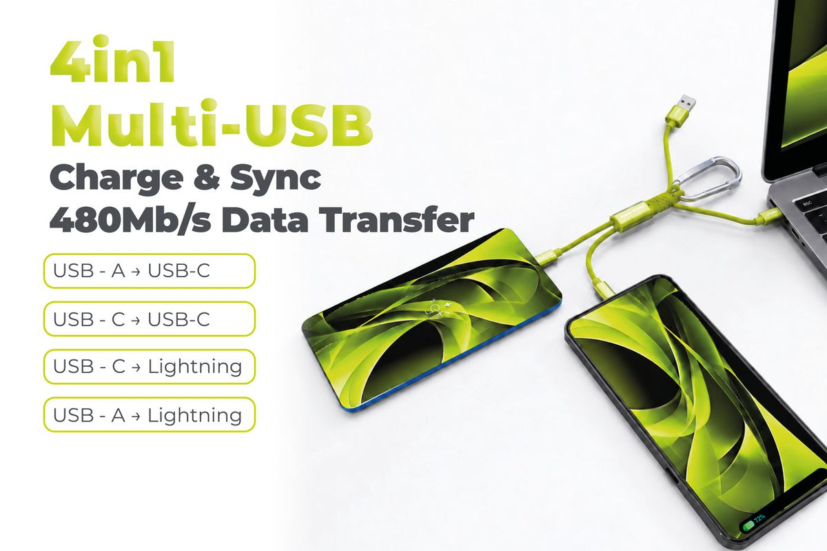4-in-1 Cable with Carabiner USB-A/USB-C to USB-C/Lightning CB20, 15W, Green