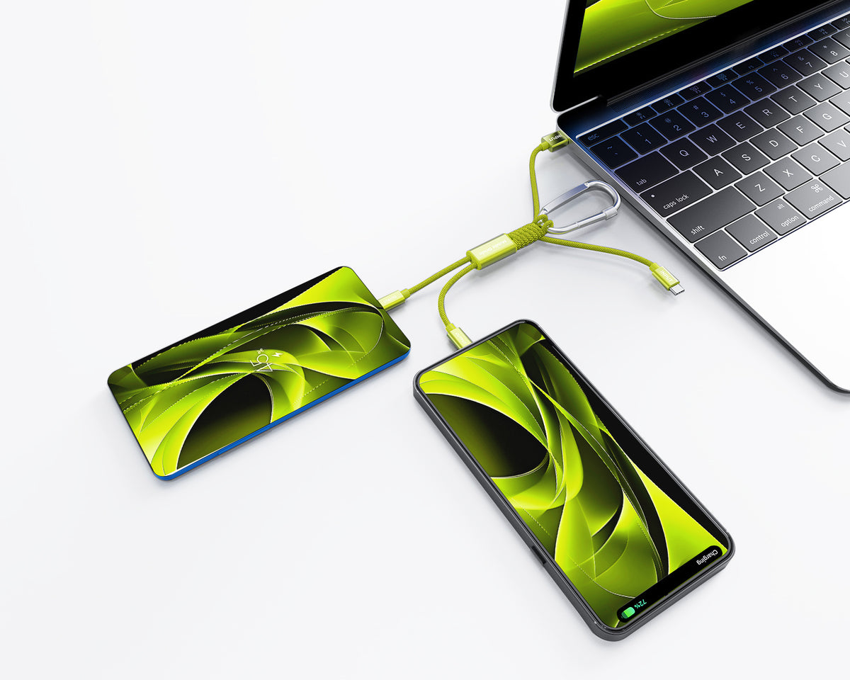 4-in-1 Cable with Carabiner USB-A/USB-C to USB-C/Lightning CB20, 15W, Green