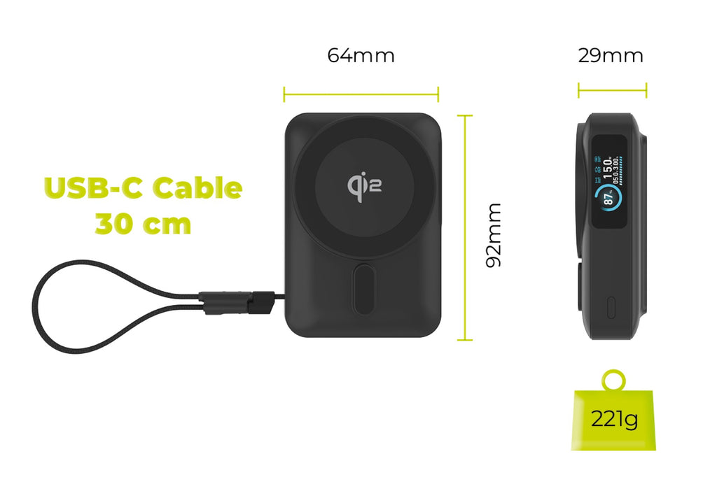 Bezdrátová powerbanka s displejem MagSafe PB19, 10000mAh, Qi2 15W, USB-C kabel, Černá