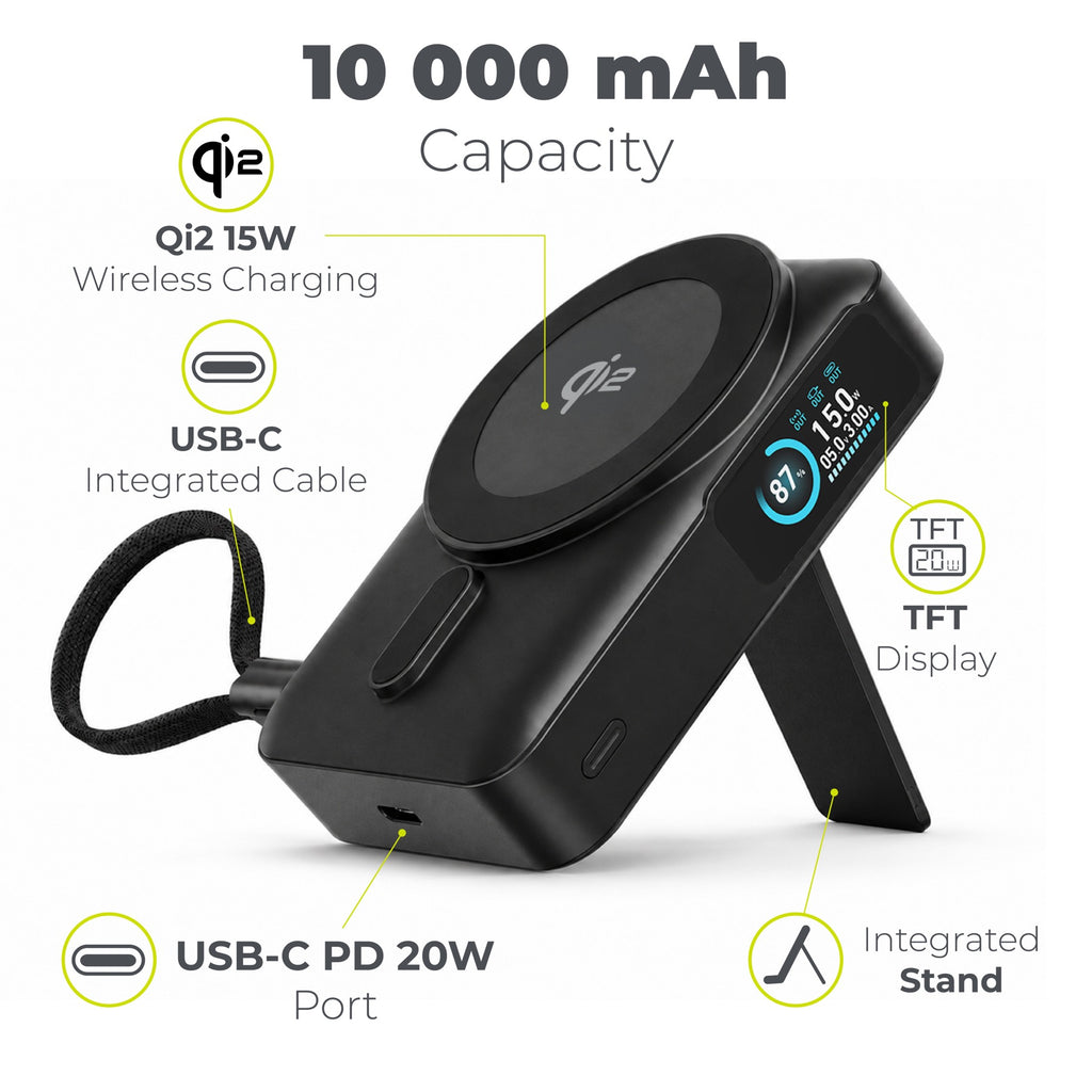 Bezdrátová powerbanka s displejem MagSafe PB19, 10000mAh, Qi2 15W, USB-C kabel, Černá