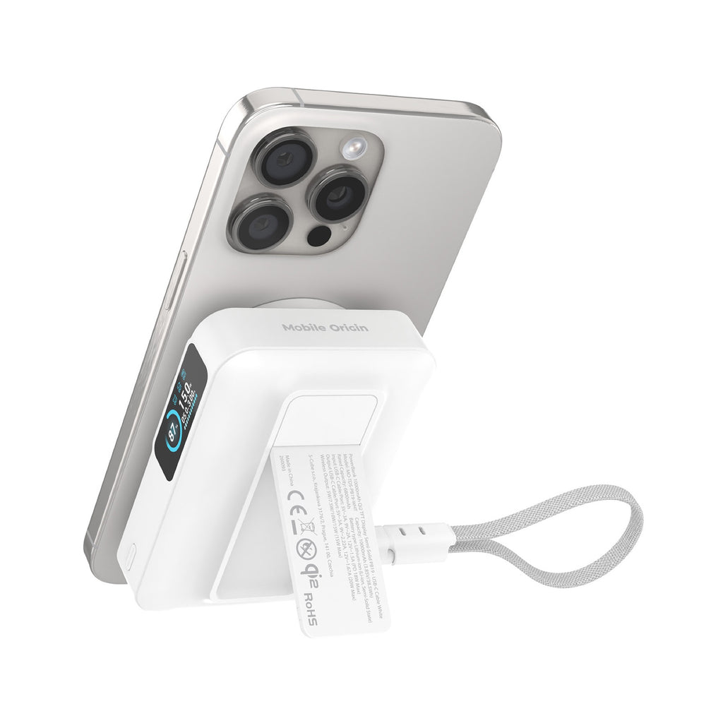 Bezdrátová powerbanka s displejem MagSafe PB19, 10000mAh, Qi2 15W, USB-C kabel, Bílá