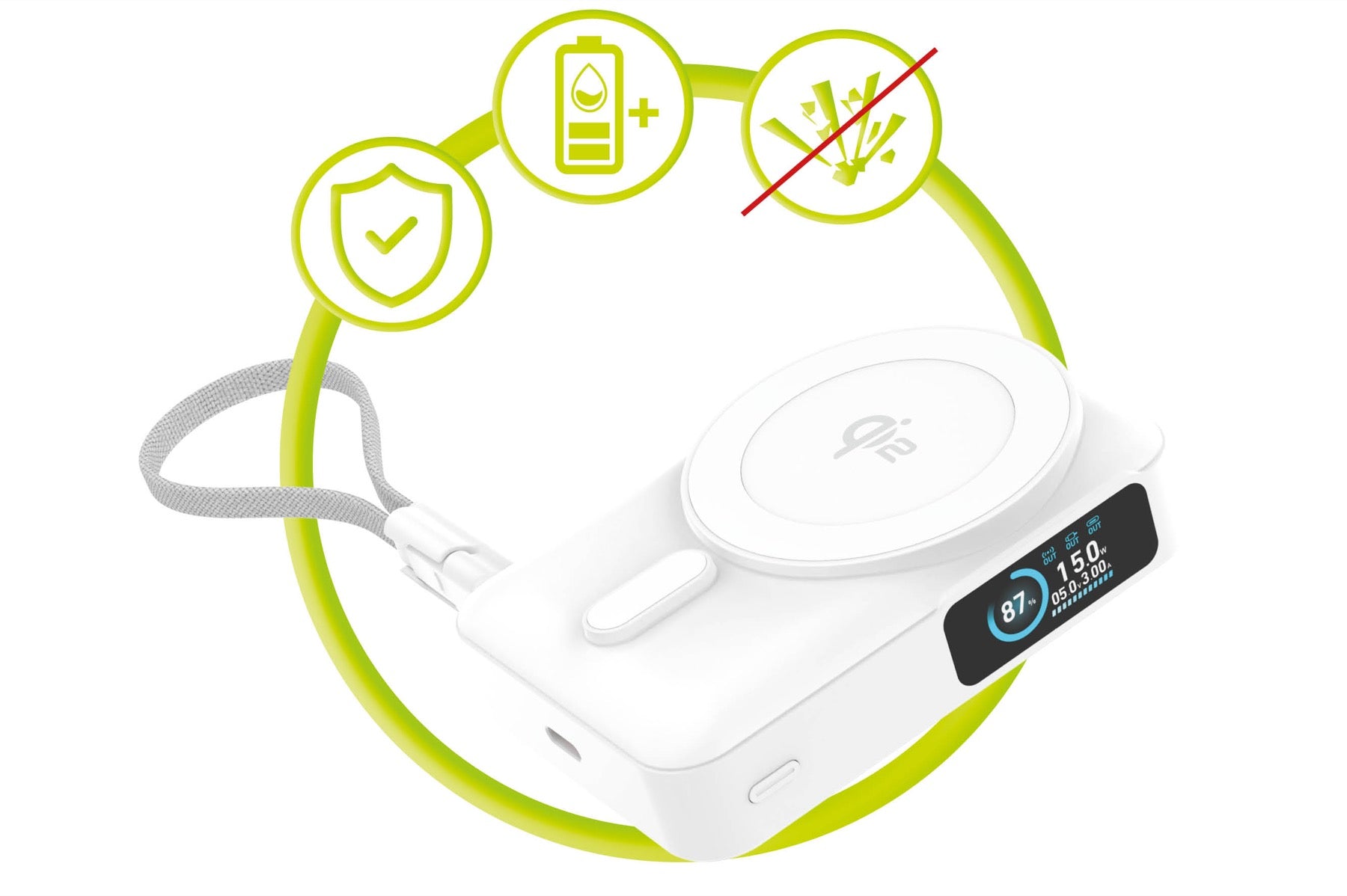 Bezdrátová powerbanka s displejem MagSafe PB19, 10000mAh, Qi2 15W, USB-C kabel, Bílá