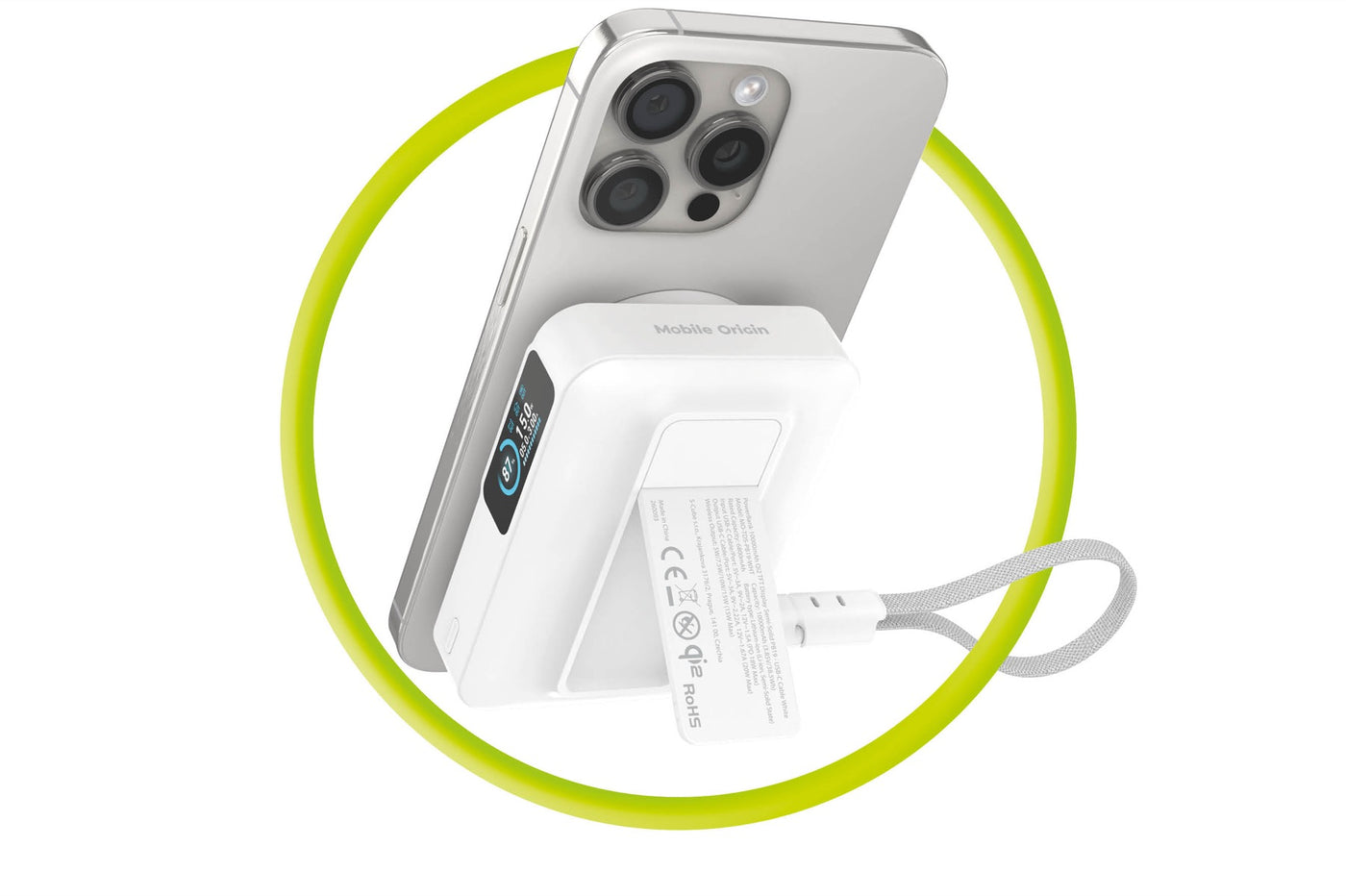Wireless Semi-Solid Power Bank with Display MagSafe PB19, 10000mAh, Qi2 15W, USB-C Cable, White