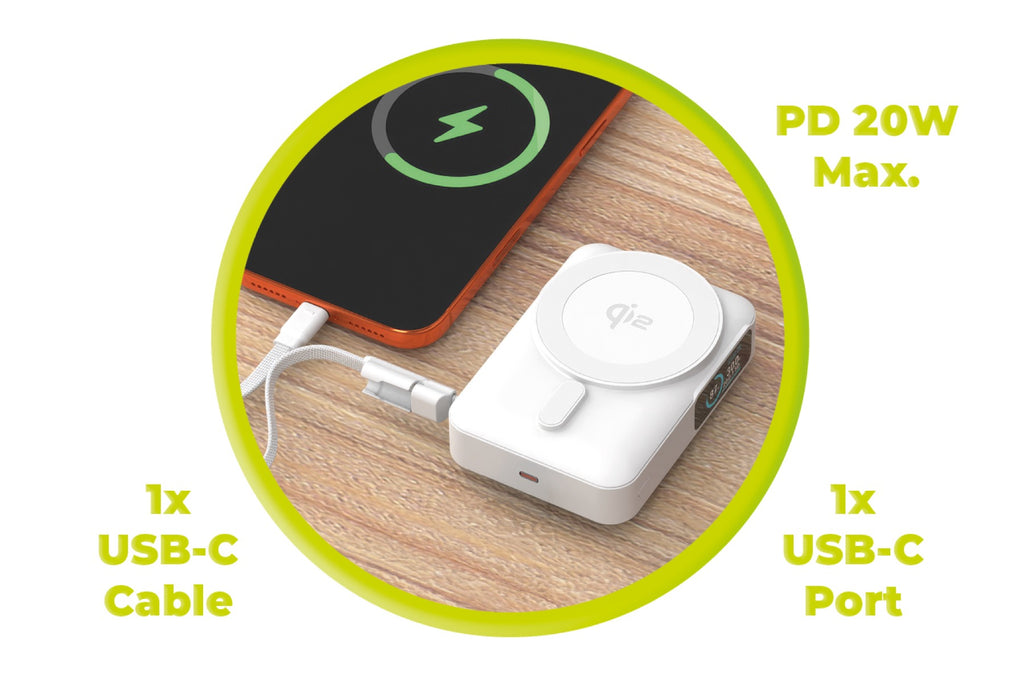 Bezdrátová powerbanka s displejem MagSafe PB19, 10000mAh, Qi2 15W, USB-C kabel, Bílá