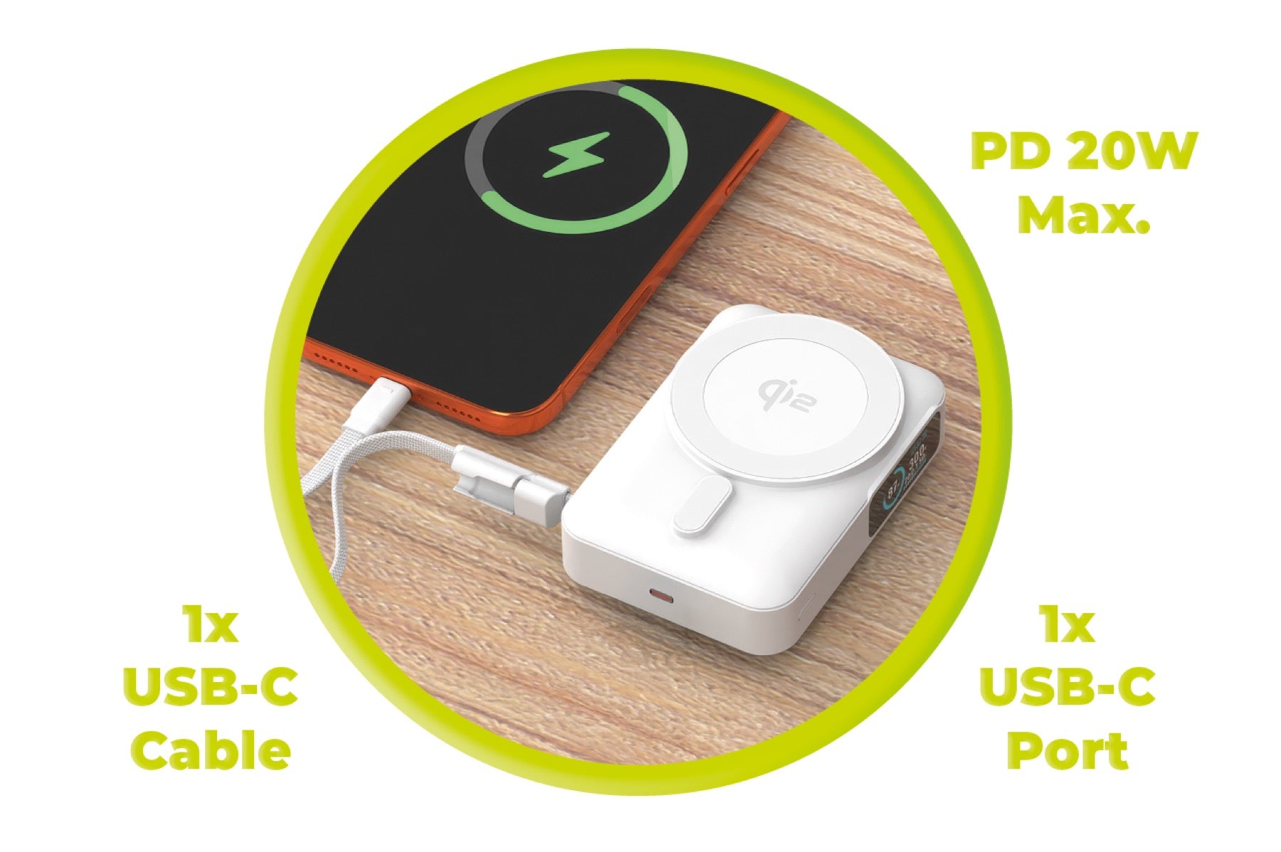 Bezdrátová powerbanka s displejem MagSafe PB19, 10000mAh, Qi2 15W, USB-C kabel, Bílá