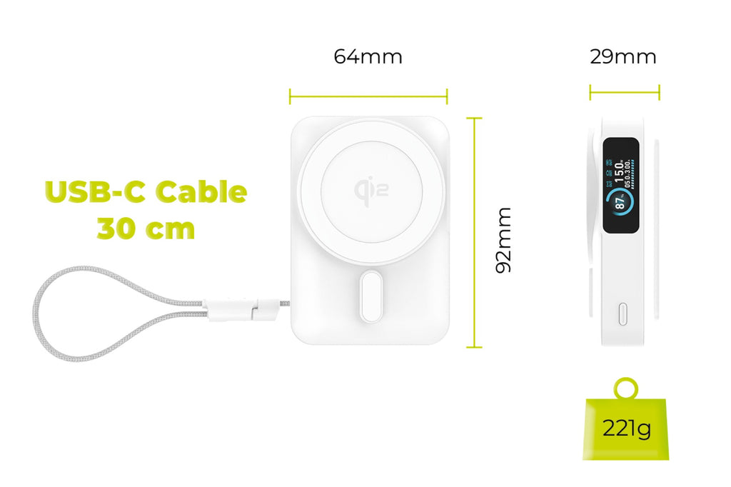 Bezdrátová powerbanka s displejem MagSafe PB19, 10000mAh, Qi2 15W, USB-C kabel, Bílá