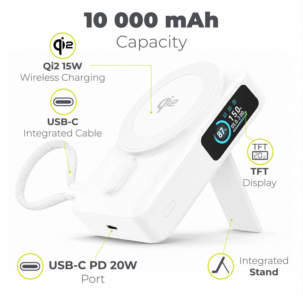 Bezdrátová powerbanka s displejem MagSafe PB19, 10000mAh, Qi2 15W, USB-C kabel, Bílá