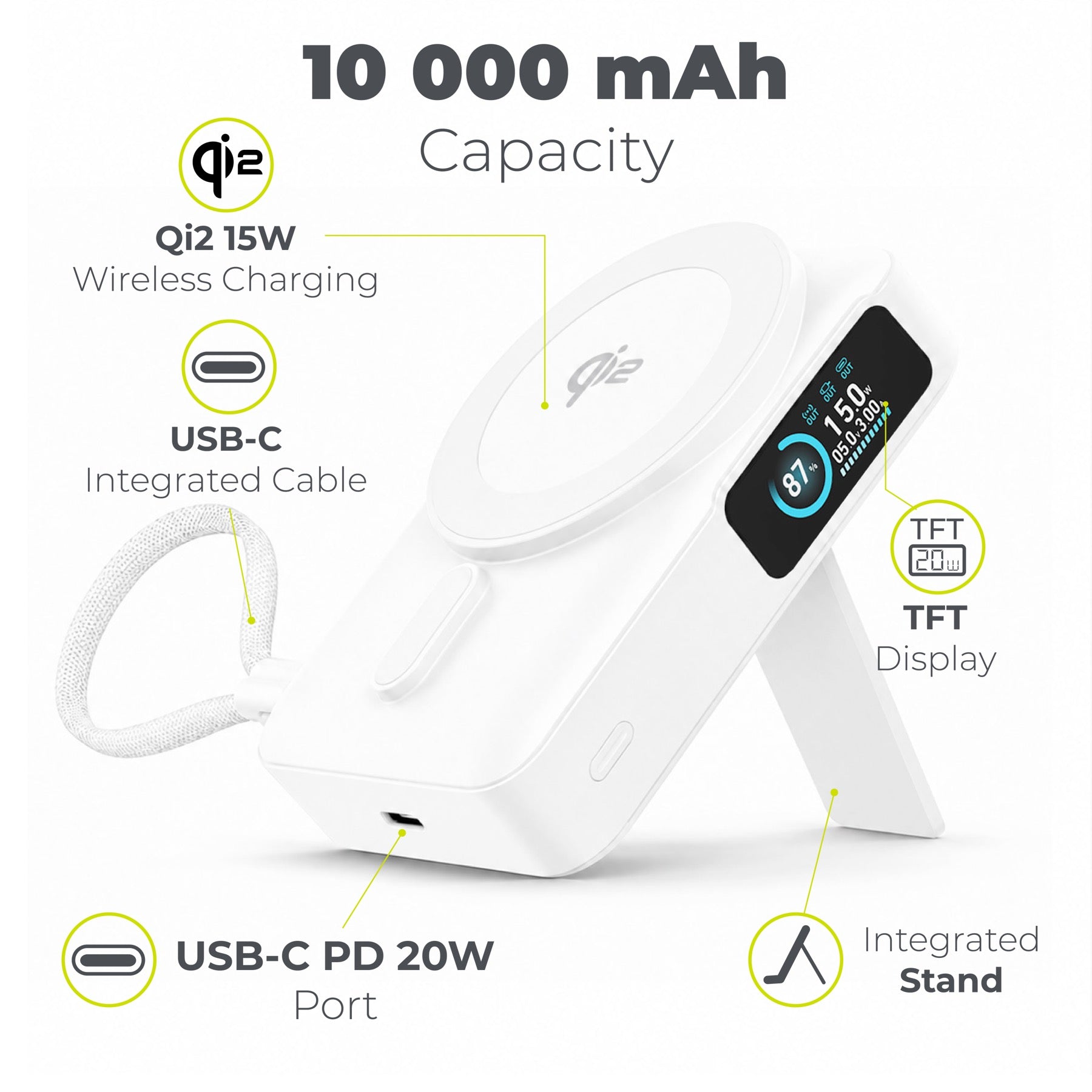 Bezdrátová powerbanka s displejem MagSafe PB19, 10000mAh, Qi2 15W, USB-C kabel, Bílá