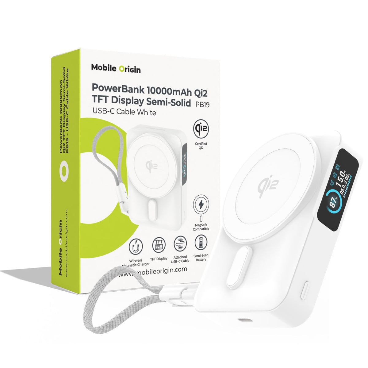 Wireless Semi-Solid Power Bank with Display MagSafe PB19, 10000mAh, Qi2 15W, USB-C Cable, White