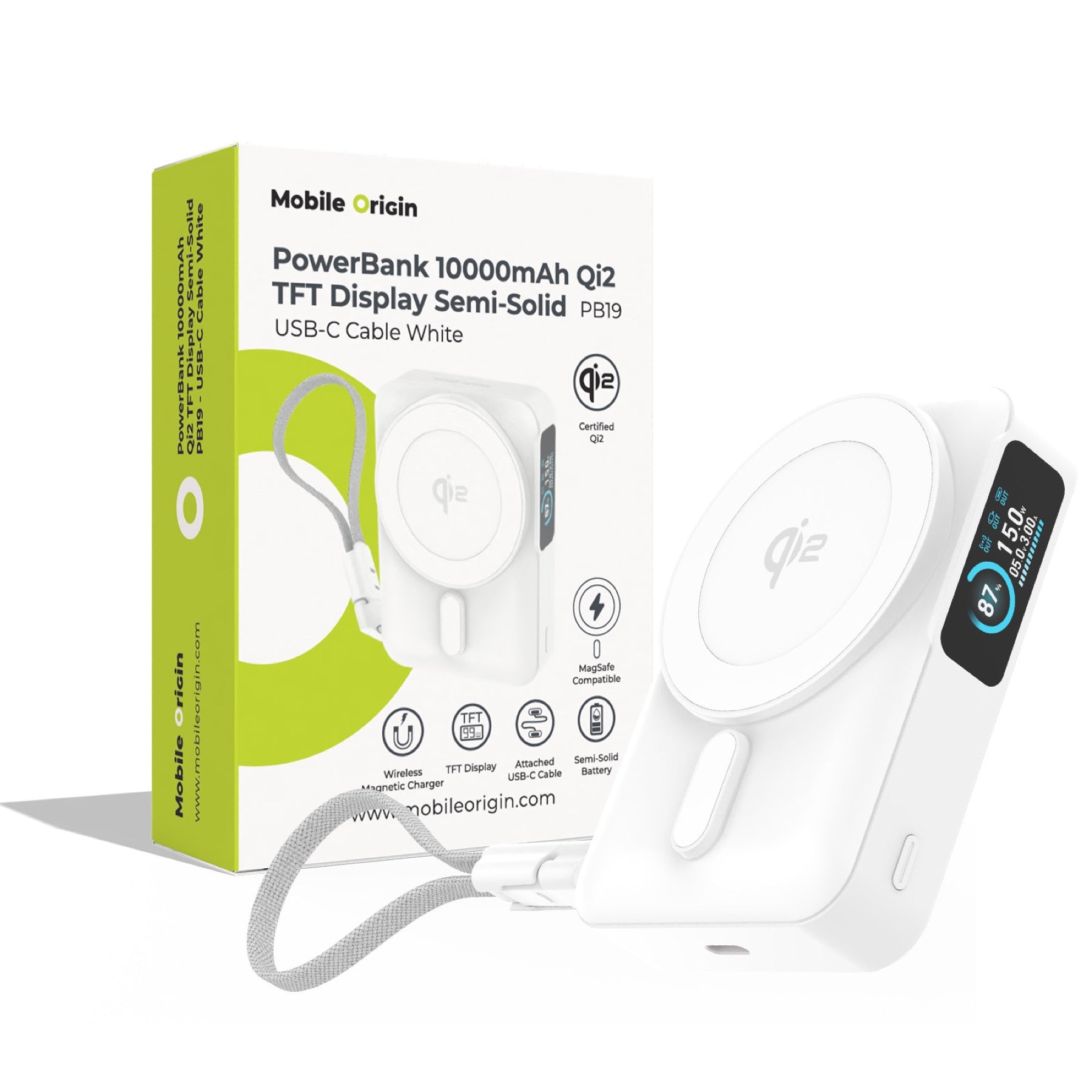 Bezdrátová powerbanka s displejem MagSafe PB19, 10000mAh, Qi2 15W, USB-C kabel, Bílá