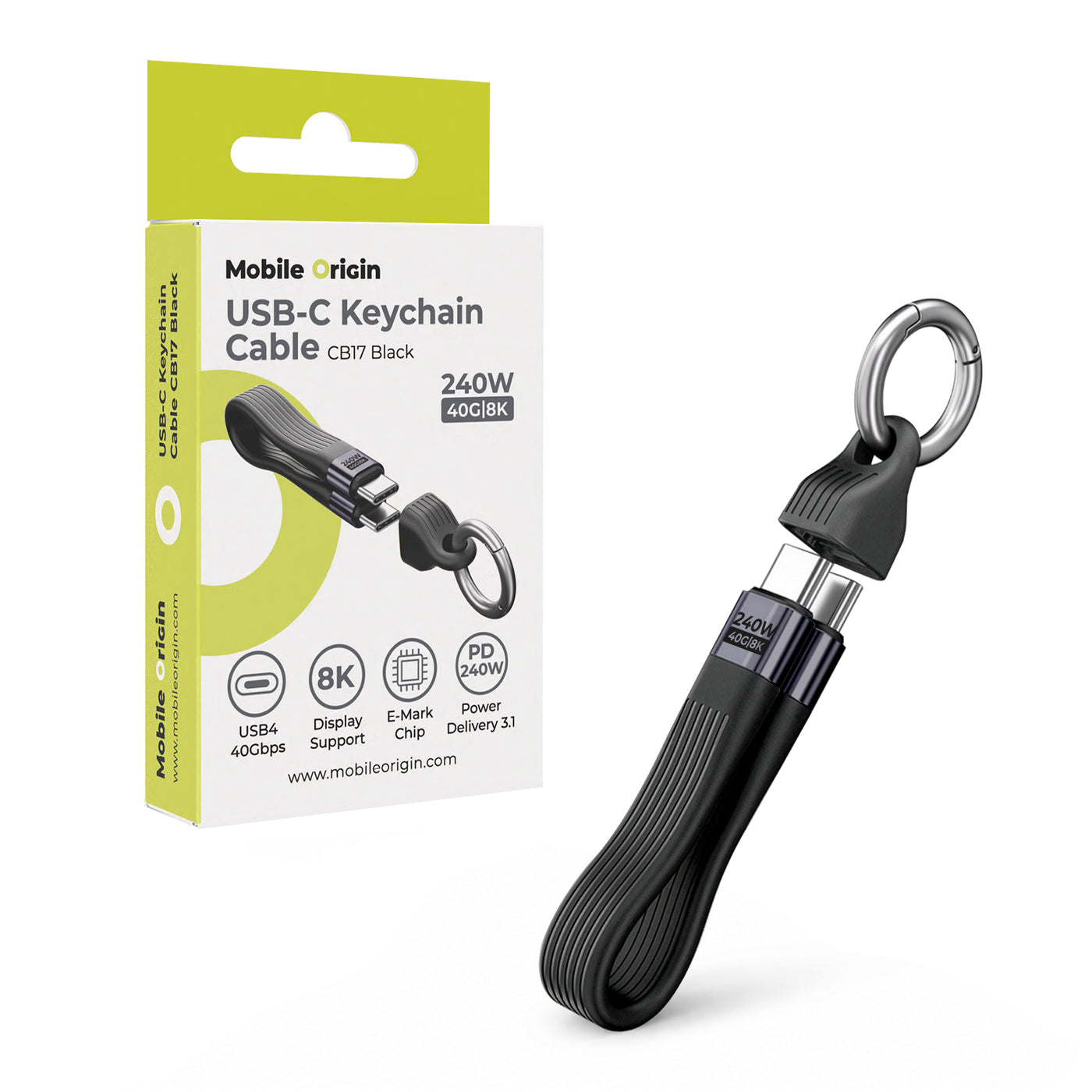 Kabel s klíčenkou USB-C na USB-C CB17, 240W, 40 Gb/s, Černá