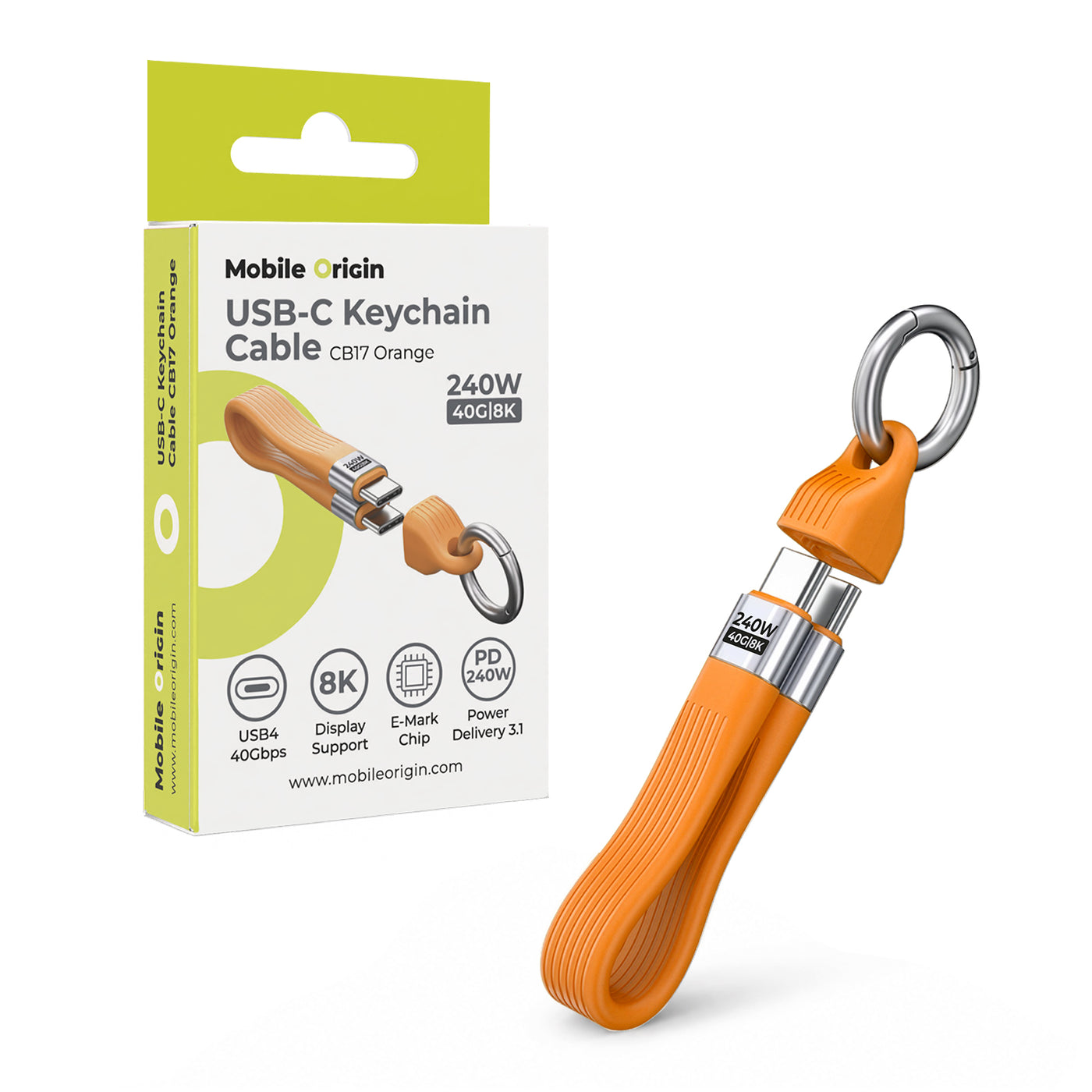 Kabel s klíčenkou USB-C na USB-C CB17, 240W, 40 Gb/s, Oranžová