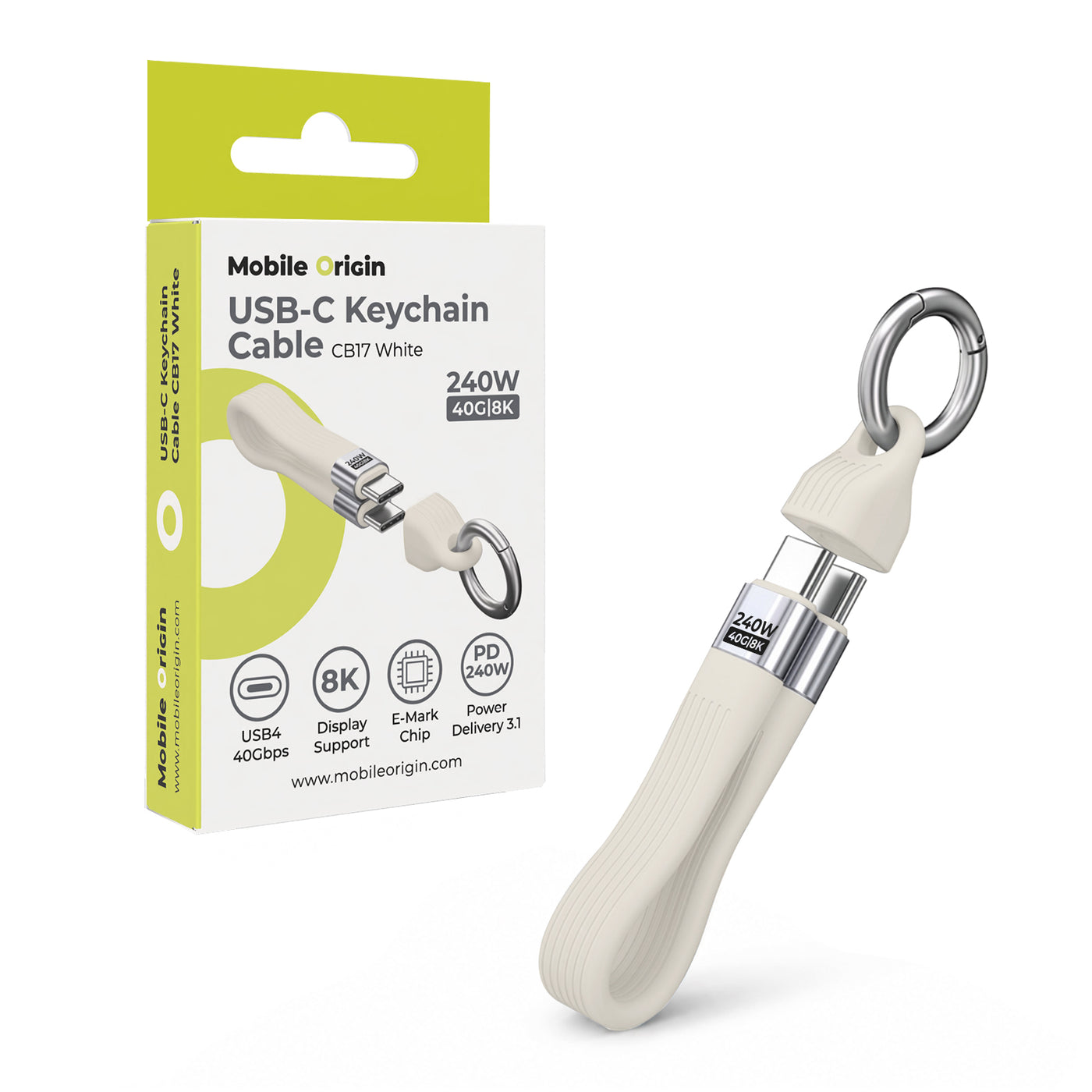 Kabel s klíčenkou USB-C na USB-C CB17, 240W, 40 Gb/s, Bílá