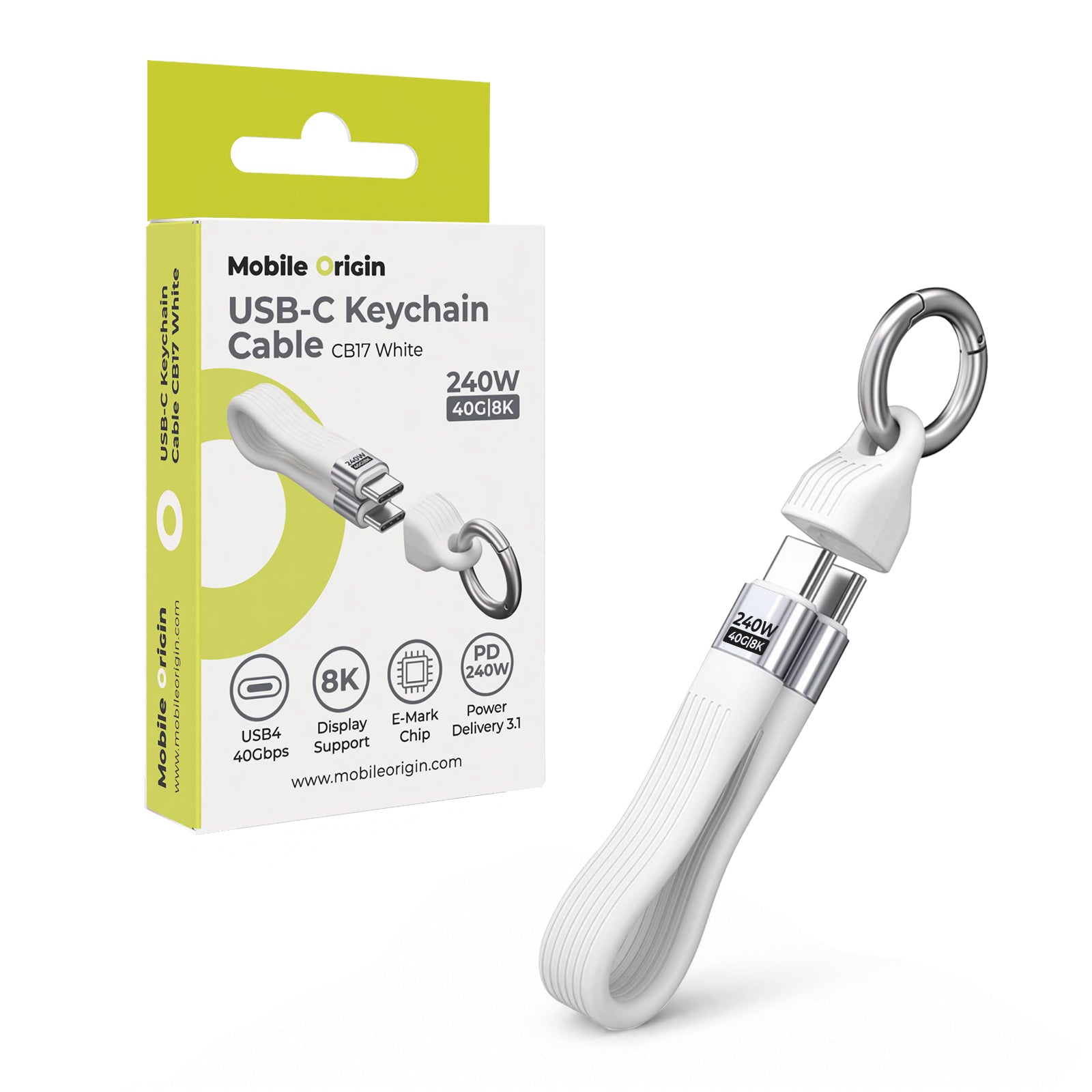 USB-C Keychain Cable, 240W, 40Gbps, 8K, CB17, White