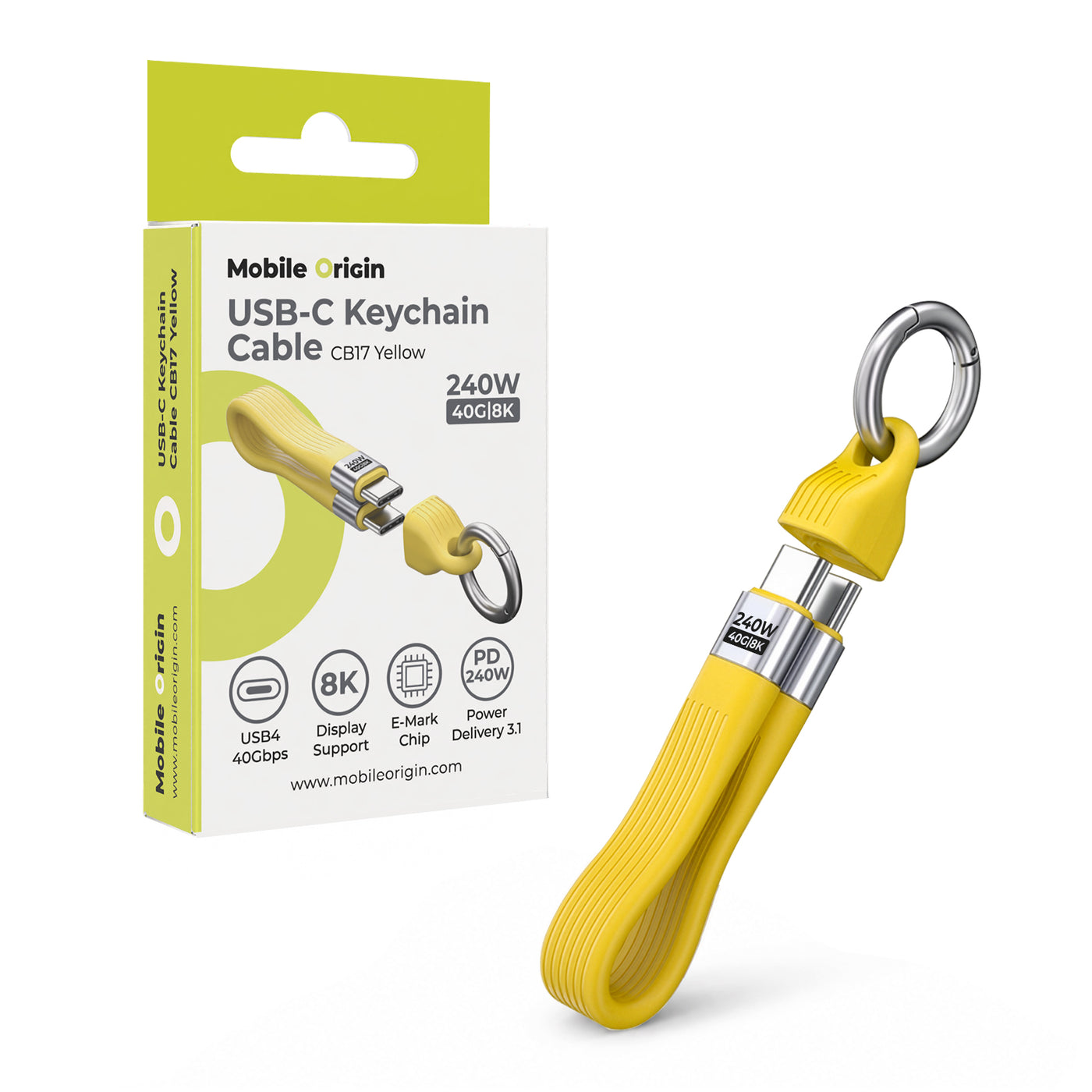 Kabel s klíčenkou USB-C na USB-C CB17, 240W, 40 Gb/s, Žlutá