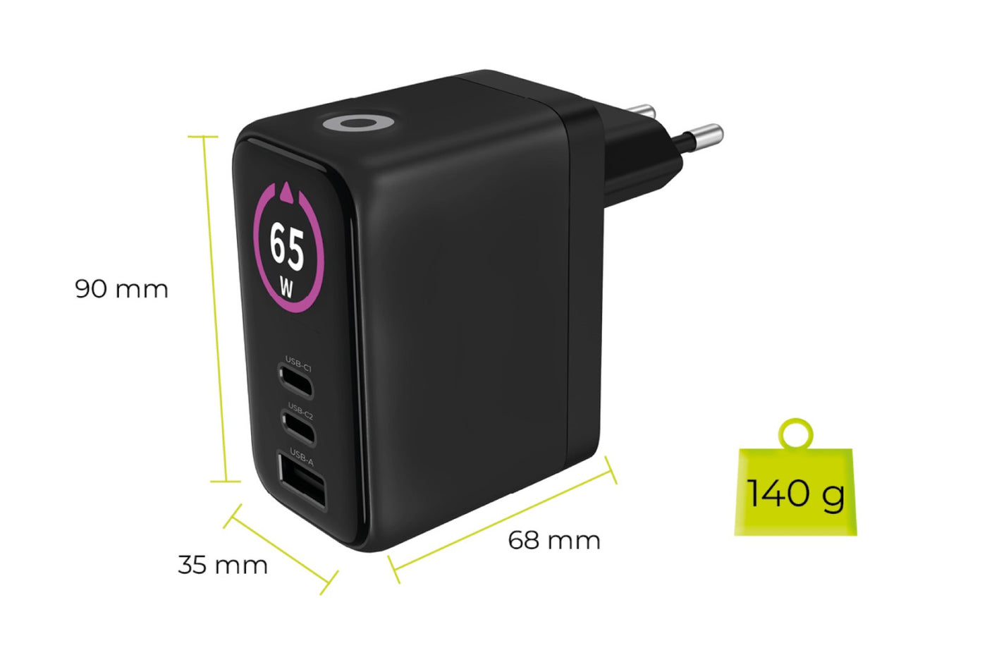 GaN Wall Charger with Display 2× USB-C + USB-A PW20, 65W, Black