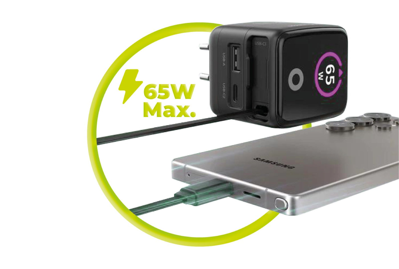 Síťová nabíječka GaN s displejem a samonavíjecím kabelem USB-C + USB-A PW3, 65W, 0,65 m, Černá