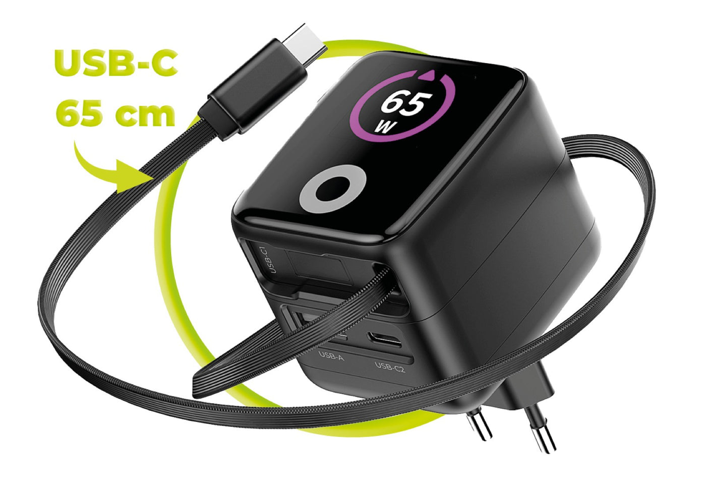Síťová nabíječka GaN s displejem a samonavíjecím kabelem USB-C + USB-A PW3, 65W, 0,65 m, Černá
