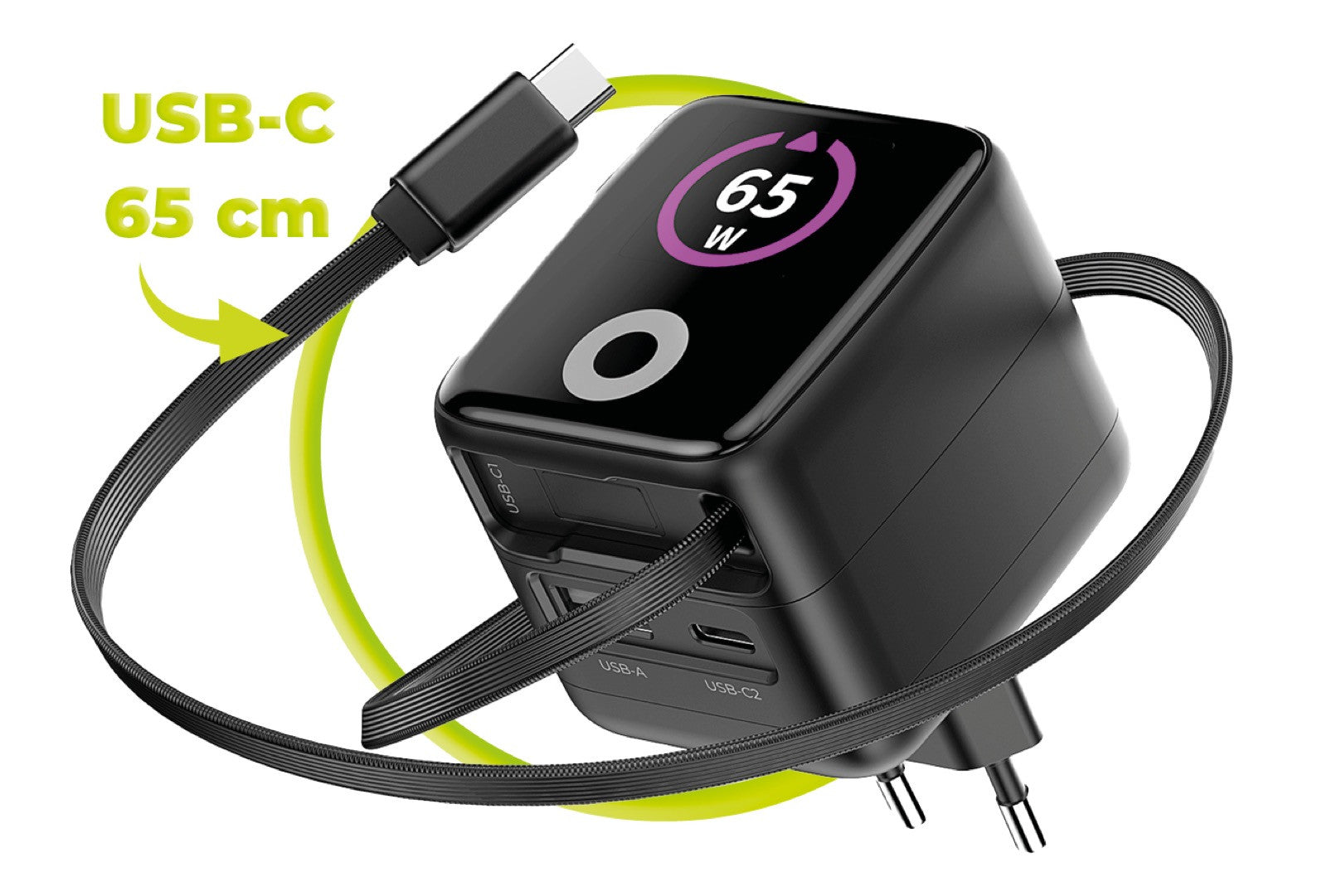 GaN Wall Charger with Display 65W PW3 with USB-C Retractable Cable + USB-C + USB-A