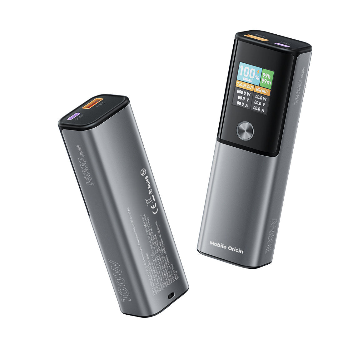 Power Bank with Display USB-C + USB-A PB12, 14000mAh, 100W, Gray