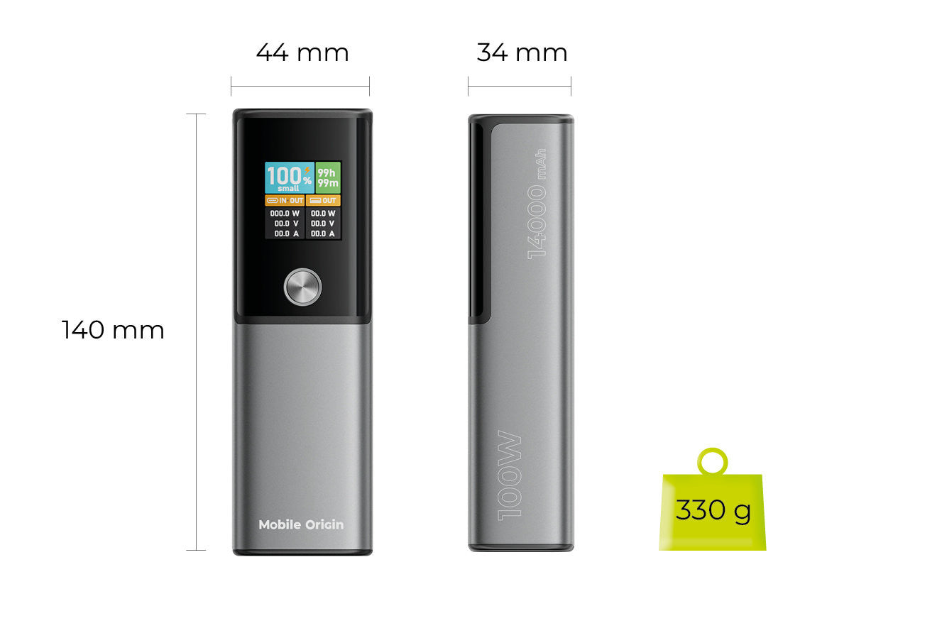 Power Bank with Display USB-C + USB-A PB12, 14000mAh, 100W, Gray