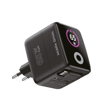 GaN Wall Charger with Display and Retractable Cable USB-C + USB-A PW3, 65W, 0.65m, Black