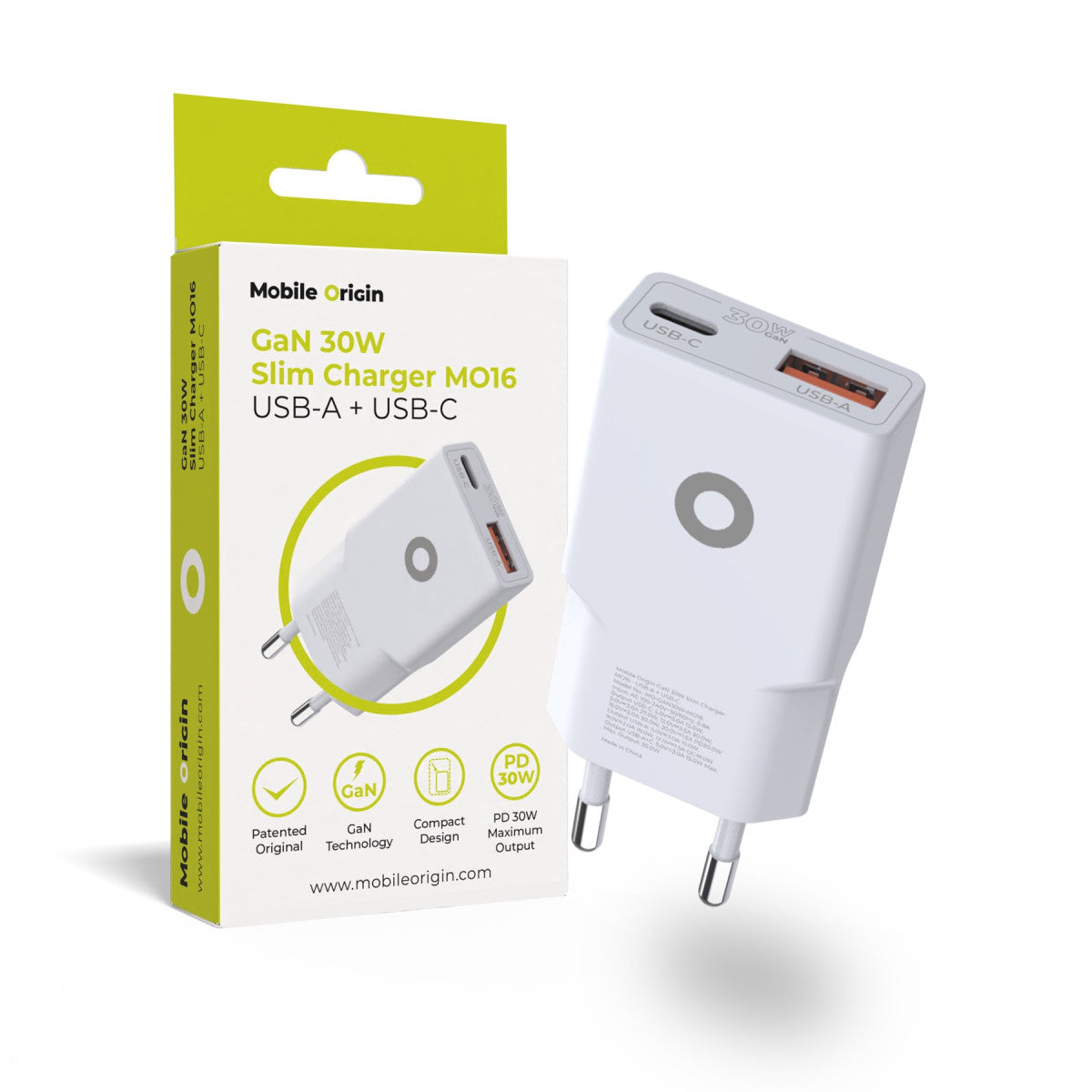 Wall Charger GaN Slim USB-C + USB-A MO16, 30W, White