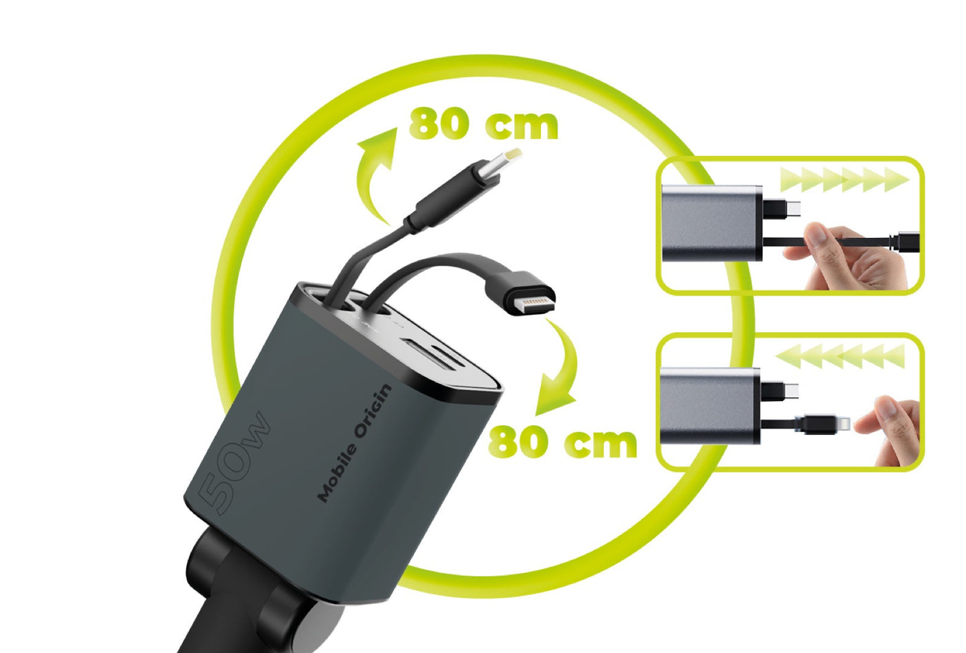 Car Charger 4-in-1 USB-C + USB-A with USB-C and Lightning Cables CA28, 50W, Space Gray