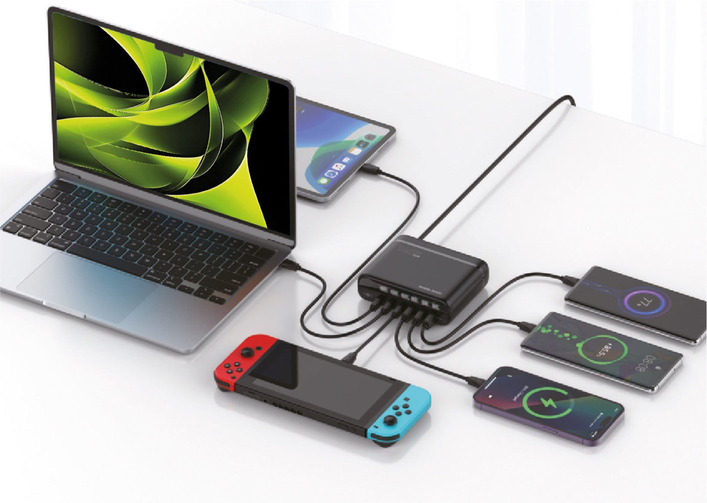 Cestovní nabíječka GaN EU/UK/US 3× USB-C + 3× USB-A PW12, 140W, Černá