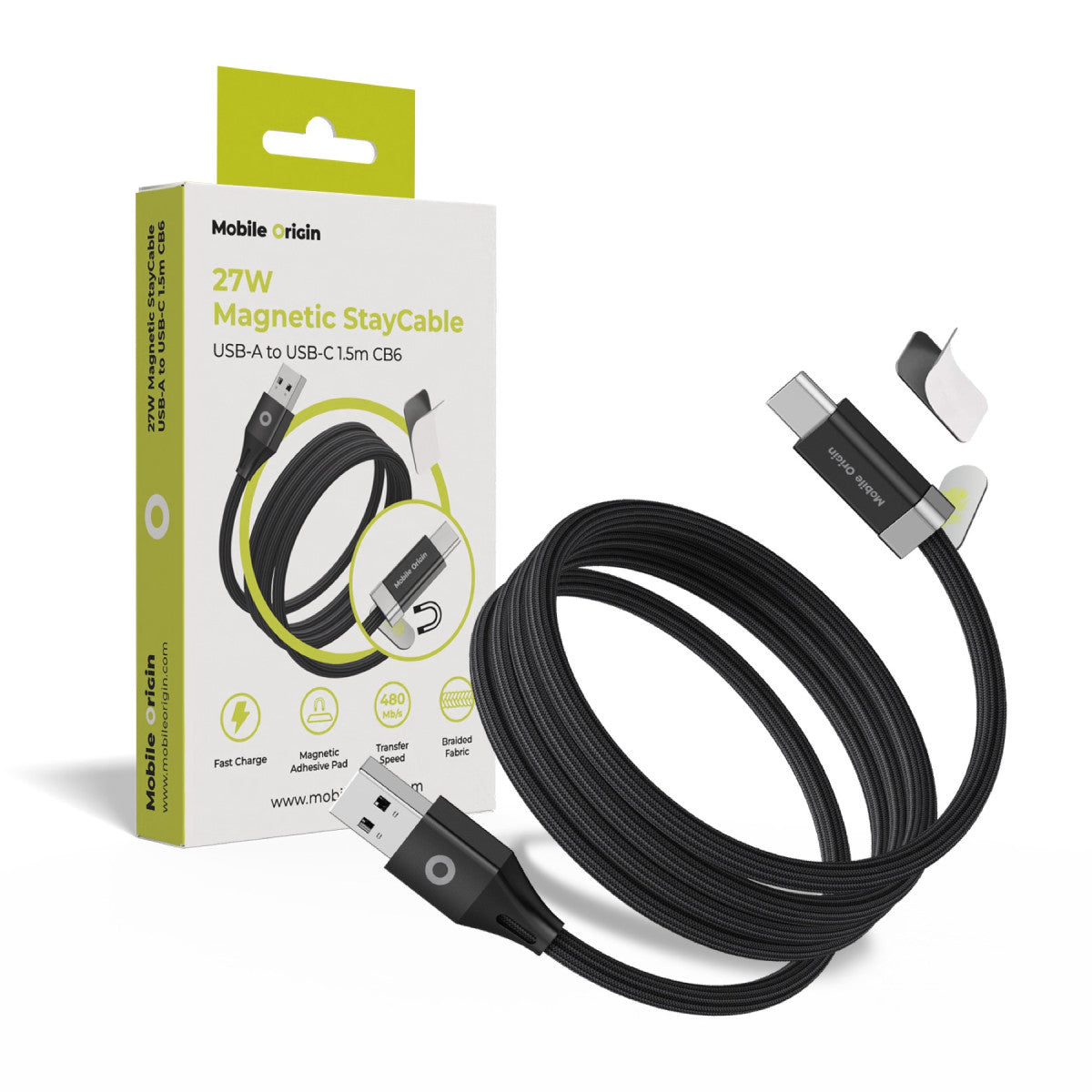 Magnetický kábel StayCable USB-C na USB-A CB6, 27W, 480 Mb/s, 1,5 m, Čierna