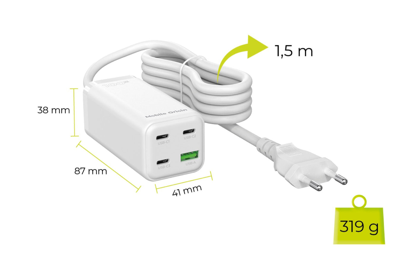 MultiHub nabíječka GaN 3× USB-C + USB-A PW18, 100W, Bílá