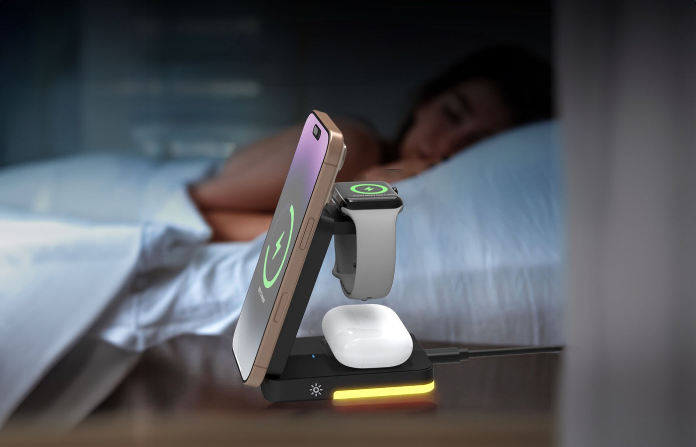 Bezdrátová skládací nabíječka 3v1 MagSafe se světlem PW28, 22,5W, Černá