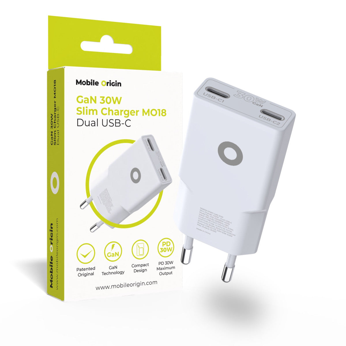 Wall Charger GaN Slim 2× USB-C MO18, 30W, White
