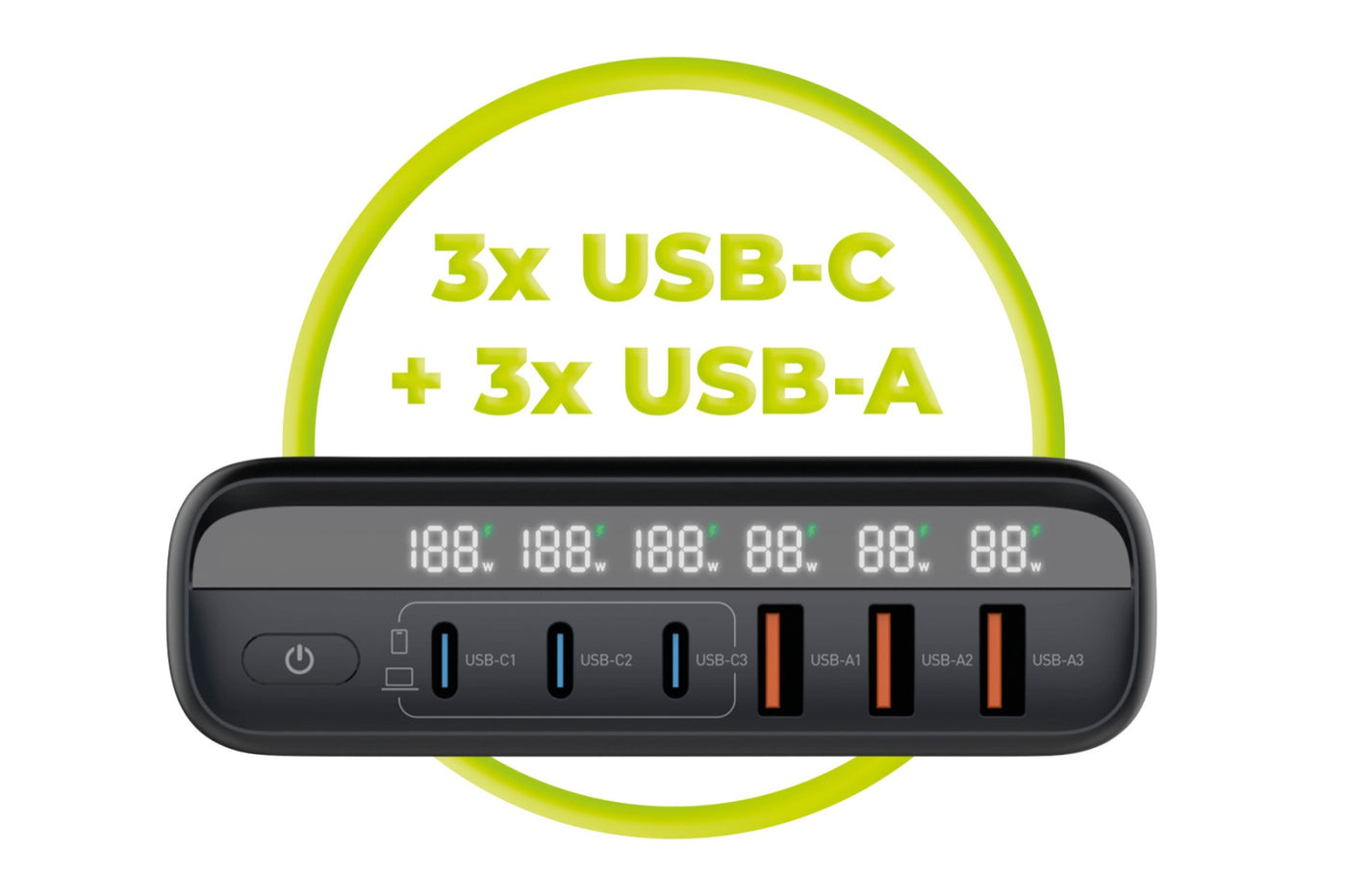 Cestovní nabíječka GaN EU/UK/US 3× USB-C + 3× USB-A PW12, 140W, Černá
