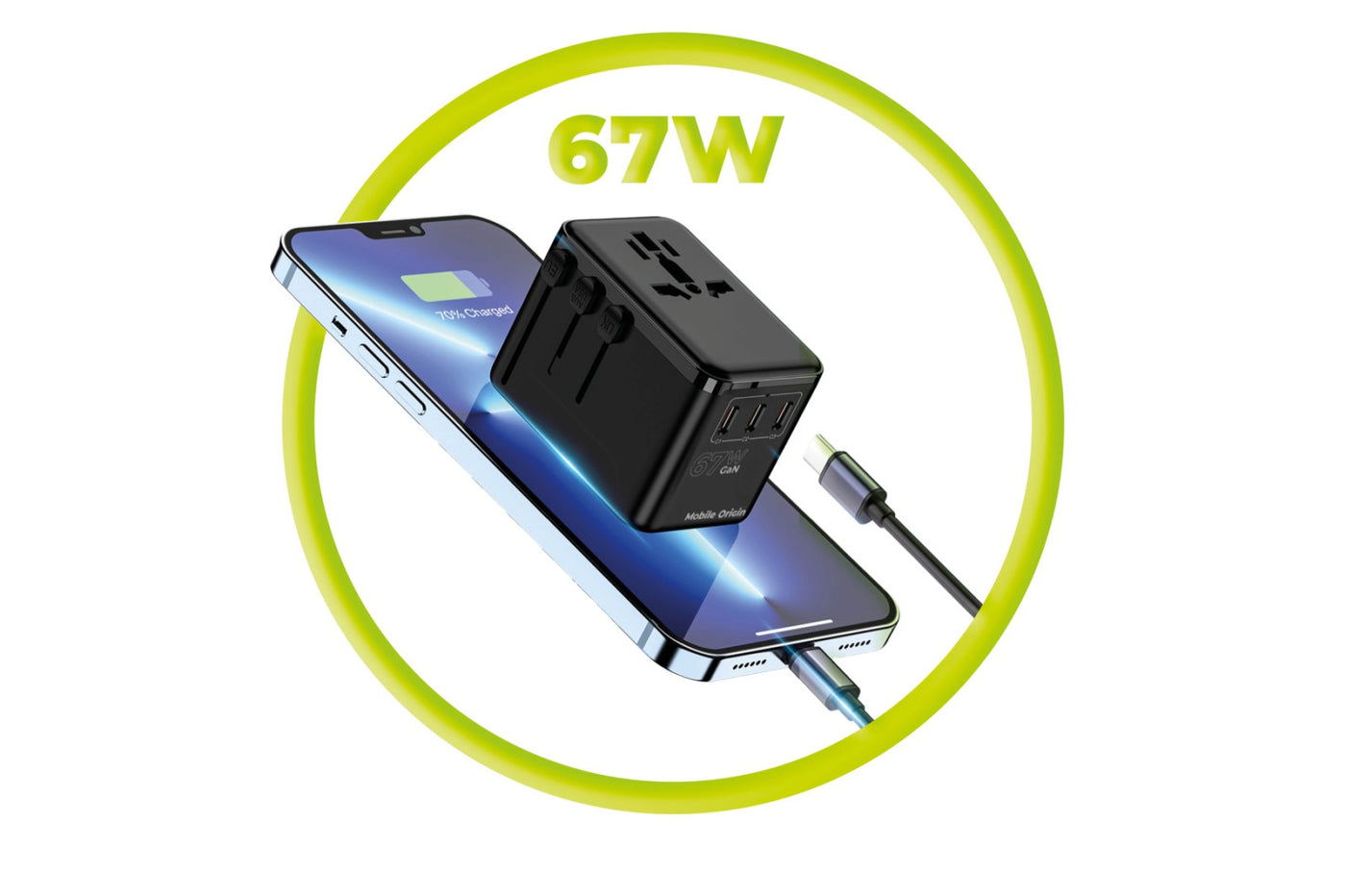 GaN Travel Adapter EU/UK/US/AUS 3× USB-C + USB-A PW5, 67W, Black