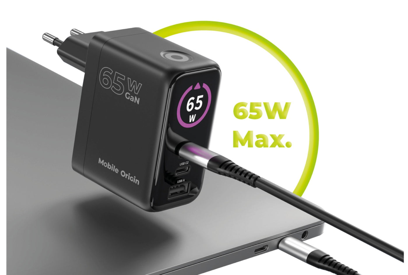 GaN Wall Charger with Display 2× USB-C + USB-A PW20, 65W, Black