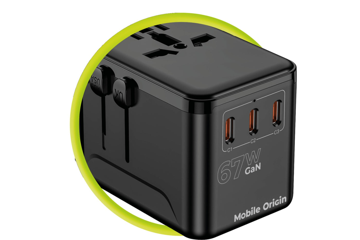 GaN Travel Adapter EU/UK/US/AUS 3× USB-C + USB-A PW5, 67W, Black