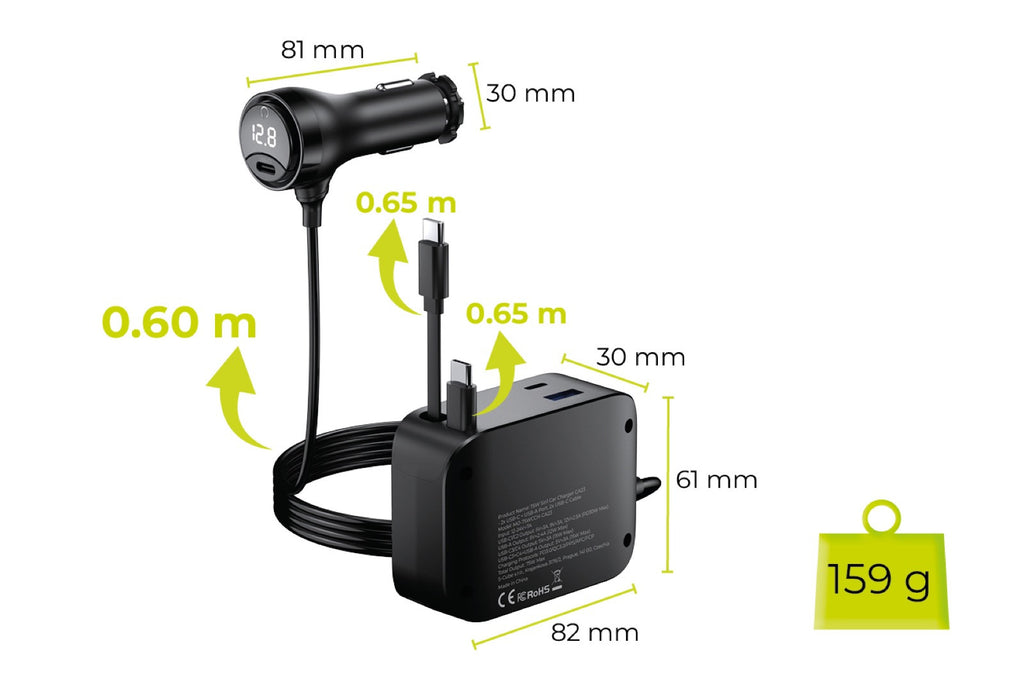 Autonabíječka 75W 5in1 CA23 - 2x USB-C + USB-A Port, 2x USB-C Kabel