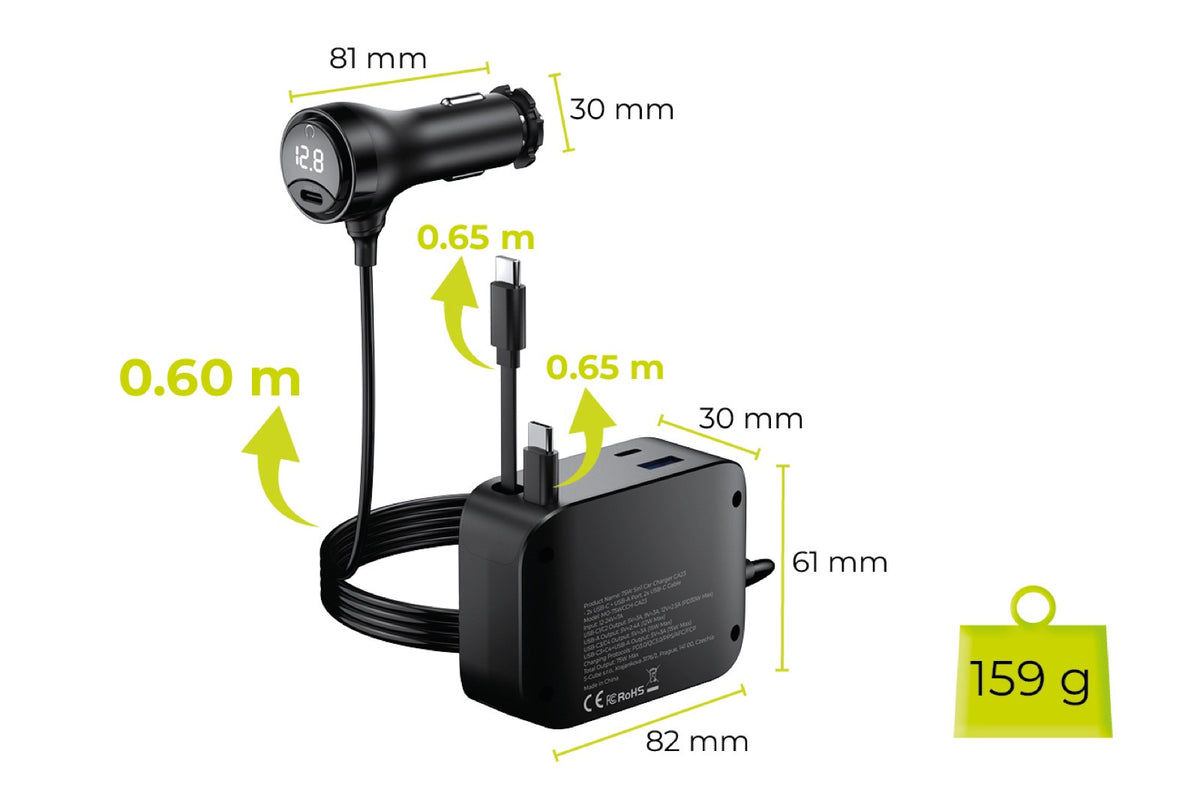Autonabíječka 5v1 s displejem 2× USB-C + USB-A, 2× USB-C kabel CA23, 75W, Černá