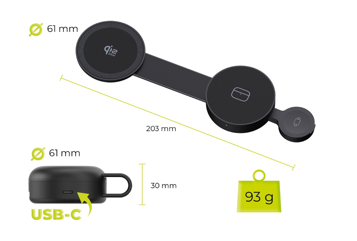 Magnetická skládací nabíječka 3v1 MagSafe PW34, Qi2 25W, Černá
