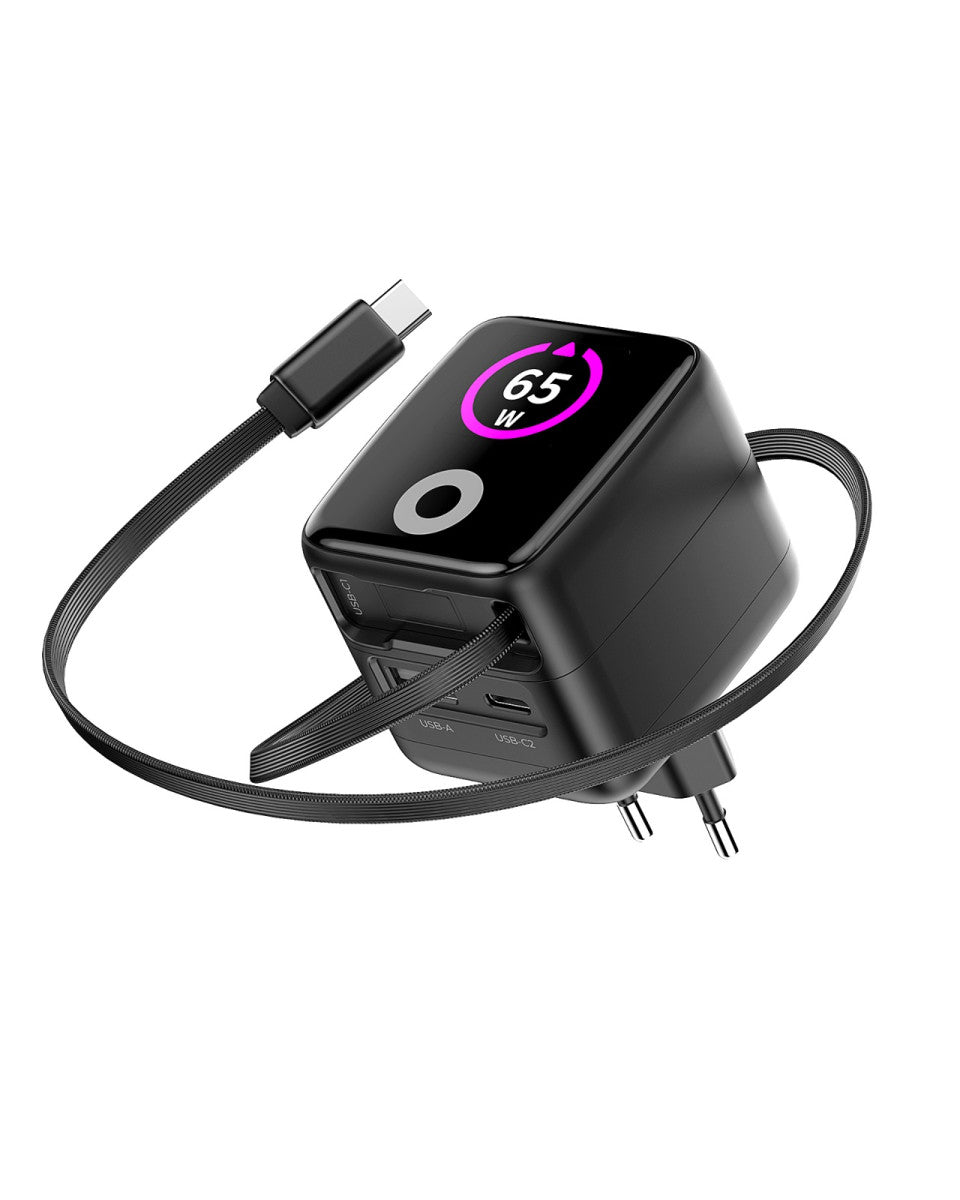 Síťová nabíječka GaN s displejem a samonavíjecím kabelem USB-C + USB-A PW3, 65W, 0,65 m, Černá