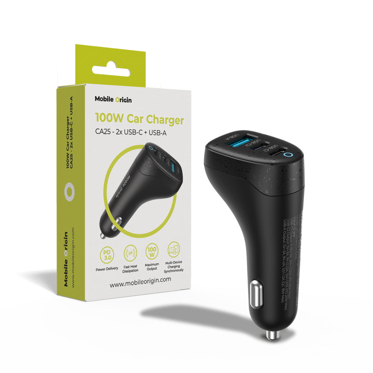 Car Charger 2× USB-C + USB-A CA25, 100W, Black