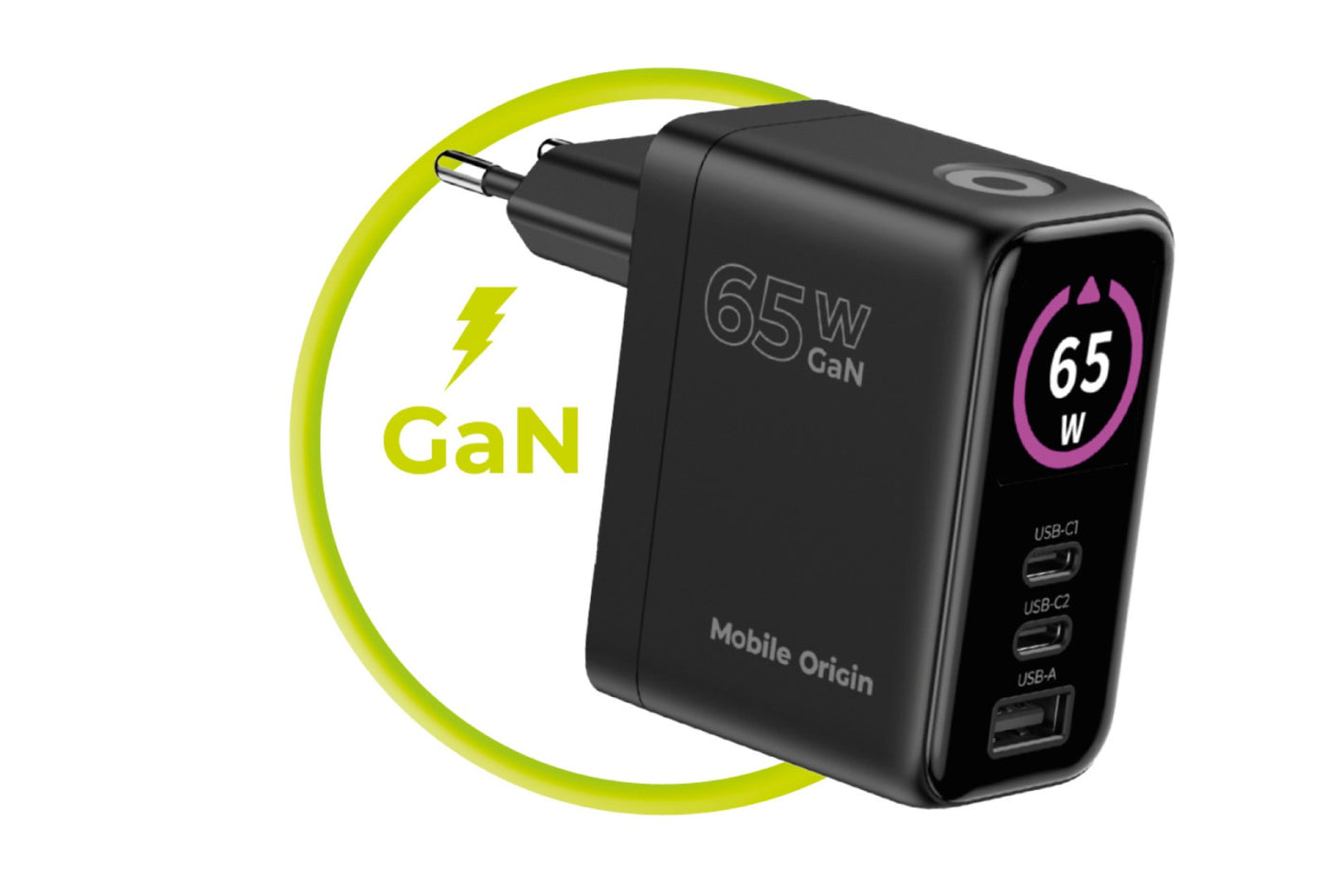GaN Wall Charger with Display 2× USB-C + USB-A PW20, 65W, Black